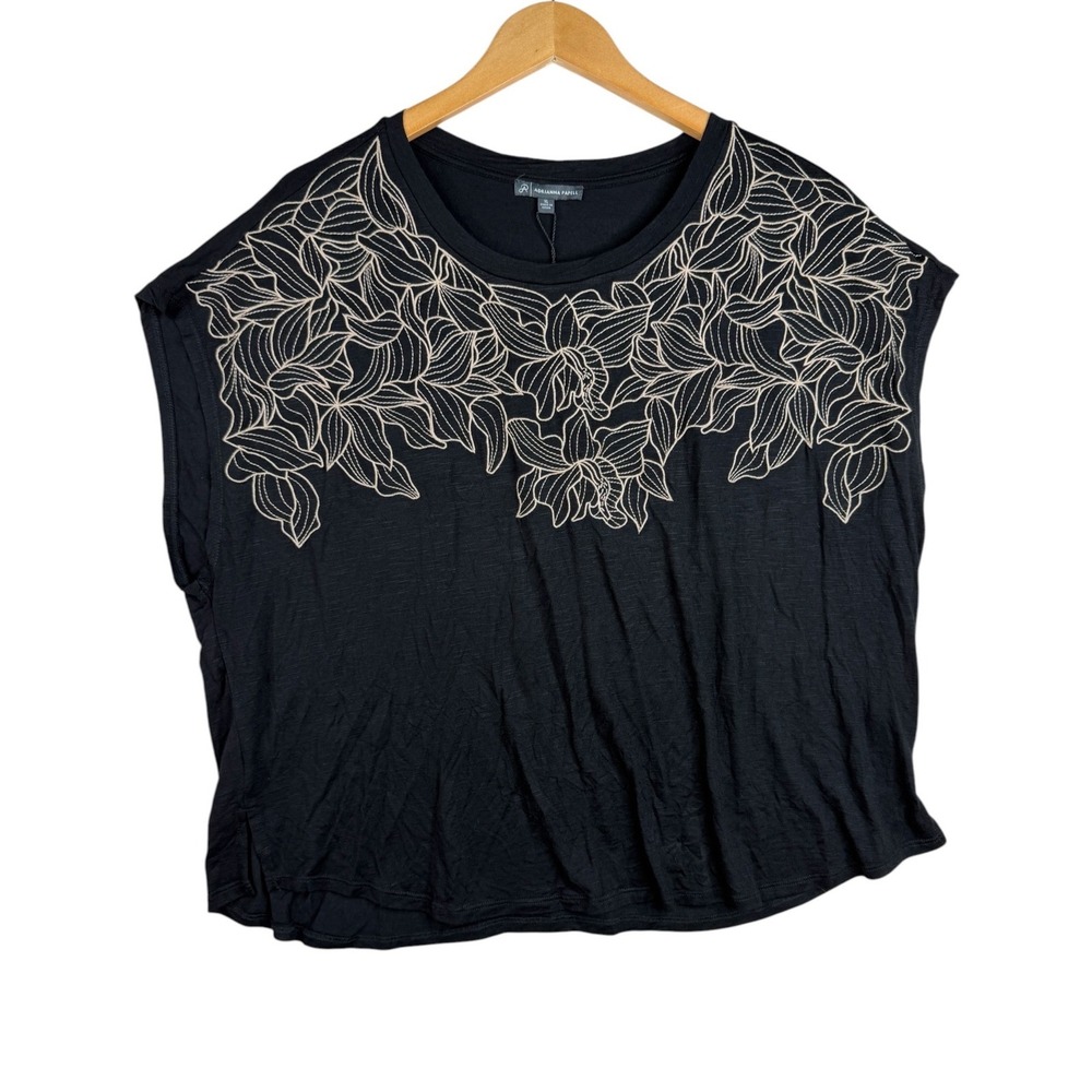 NWT Adrianna Papell Embroidered Knit Dolman Sleeve Blouse size XL Black/Gold